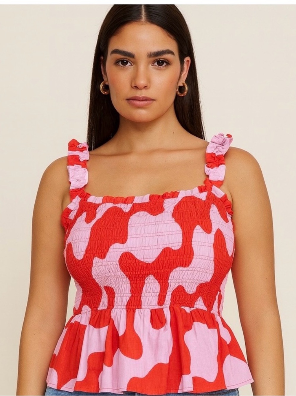 Ava & Viv Pink and Red Smocked Top with Ruffle Straps